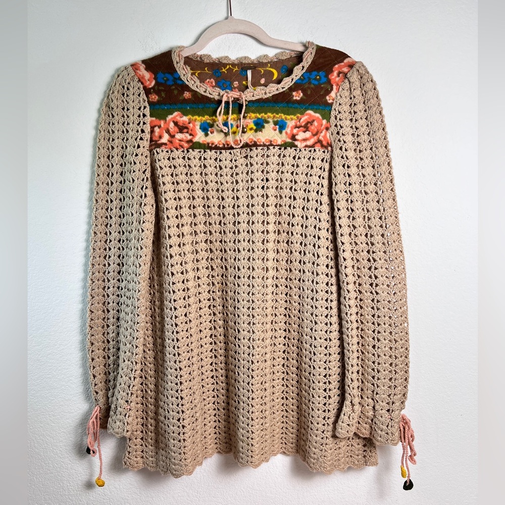 Free People Beige Crochet Mini Dress with Floral Accents